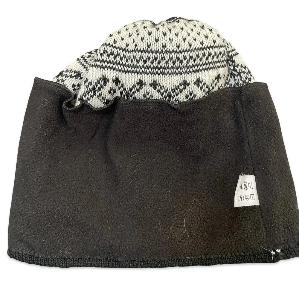 Peruvian Link Alpaca Knit Pom Pom Beanie Hat Black Cream Floral Fair Isle Boho